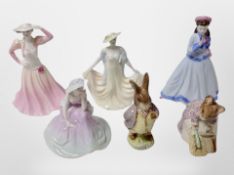 Four Coalport miniature porcelain ladies and two Royal Albert Beatrix Potter figures.