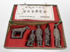 A box containing Chinese terracotta figures.