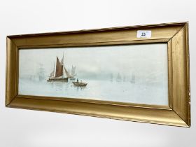 G Walters : Sailing boats in still water, watercolour, 52cm x 18cm.