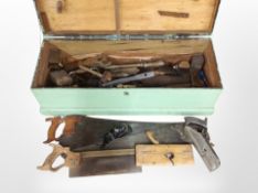 Four joiner's toolboxes containing assorted antique and later carpentry tools, including saws,