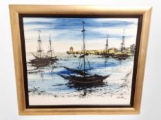 20th century school, boats on a coastline with pier beyond, watercolour, signed Lugan 63,
