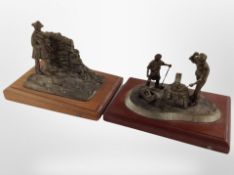 A cast resin sculpture of a blacksmith on mahogany plinth, a further similar figure of a shepherd,