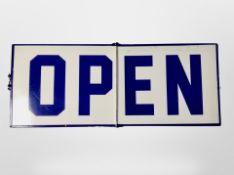 A folding enameled metal open/closed sign, width 50cm.