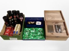 A box containing several bottles of ale, Budweiser glasses in boxes, further boxed set of Rummers,