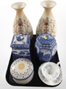 Two Ringtons blue and white caddies, a pair of Crown Ducal vases, circular lidded trinket boxes,