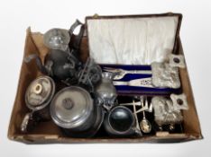 A box of 19th century pewter tea wares, pair of silver-plated candlesticks,