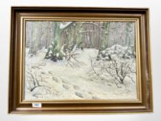 T Nygaard : Woodland in snow, oil on canvas, 49cm x 34cm.