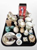 A tray of various ceramics, polished onyx paperweight, commemorative china,