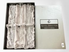 A set of six Royal Doulton hand cut crystal wine glasses, boxed.
