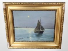 G Werner : A fishing boat on calm moonlit waters, oil on canvas, 27cm x 21cm.