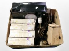 A box containing boxed LED waterproof spotlights, pair of contemporary metal lamp bases,