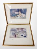 Two colour prints after Sir William Russell Flint, a Japanese print on silk,