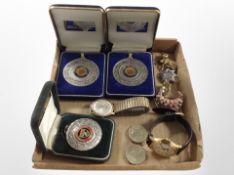 Two boxed football referee medals, together with a small group of costume jewellery,