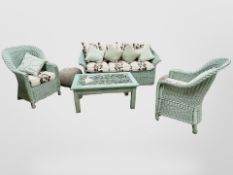 A Marston & Langinger three-piece suite of English willow conservatory furniture, painted in sage,