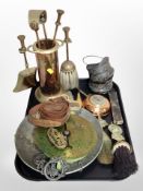 A miniature copper and brass fire companion set, together with a Salter scale,