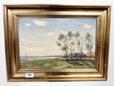 Danish school : A view towards a coast, oil on canvas, 36cm x 24cm.
