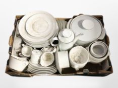 A box of white porcelain dinnerwares including Royal Tuscan and German Thomas coffee china, etc.