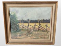 J Stolg : A hare beside a fence, oil on canvas, 39cm x 32cm.
