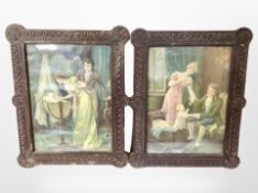 A pair of antiquarian colour lithographics in carved oak frames, each 62cm x 48cm.