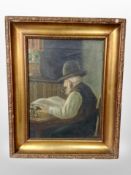 Danish school (20th century) : A man reading whilst smoking a pipe, oil on canvas, 37cm x 27cm,
