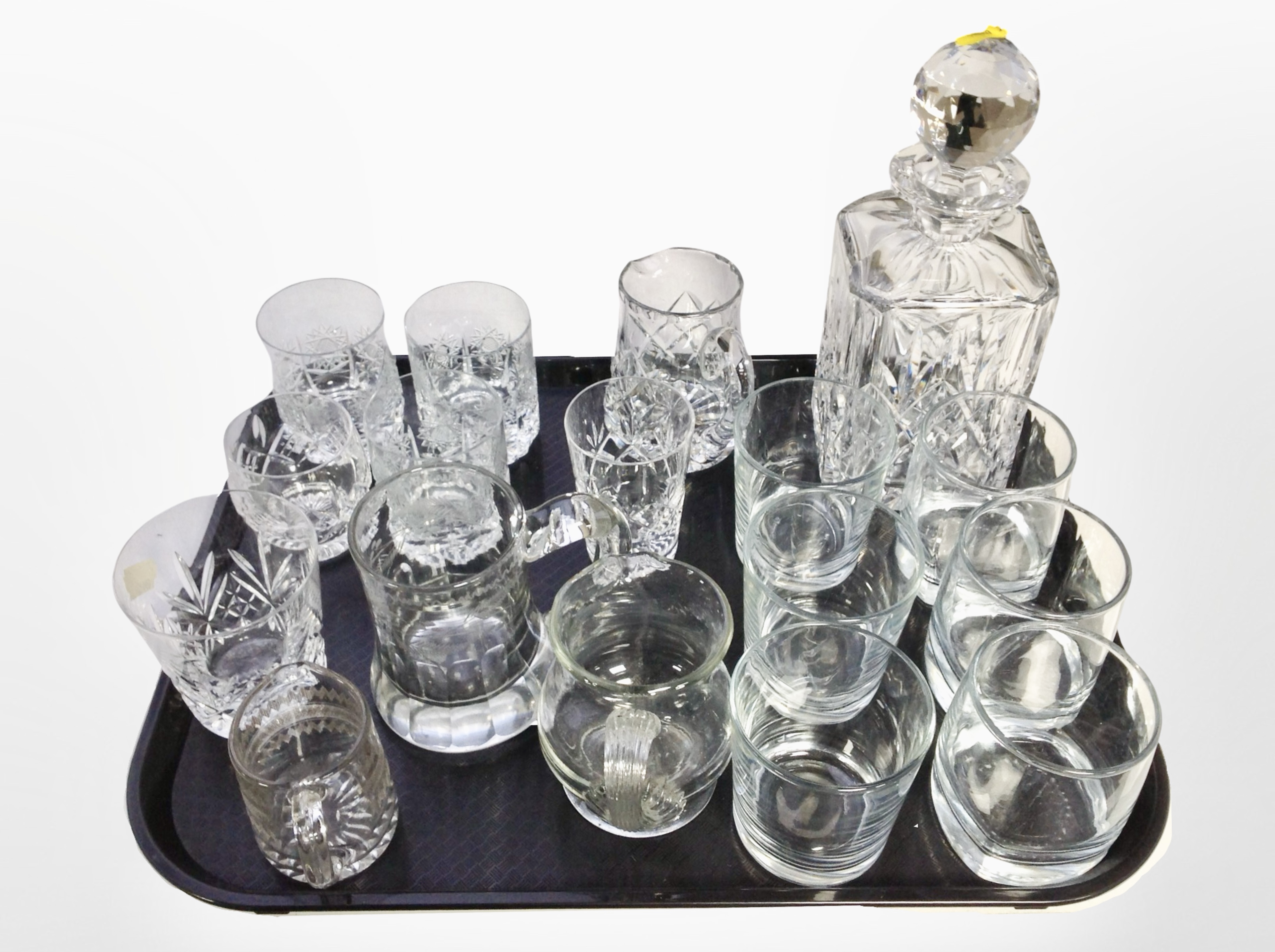 A group of crystal including decanter with stopper, various drinking glasses and jugs.