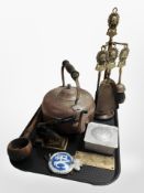 A Victorian copper kettle, a brass companion set on stand, a Victorian desk stamp, RAC car badge,