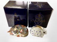 Two Royal Crown Derby paperweights, 'Catnip Kitten' and Rabbit, both with gold stoppers, boxed.