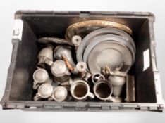 A collection of 19th century and later metal wares, including pewter plates,