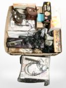 A box of household sundries, including beauty products and other electricals,