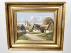 Poul Hansen : Thatched buildings in a village, oil on canvas, 27cm x 21cm.
