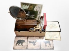 A box containing Victorian rosewood writing box, pictures, framed map of Switzerland, ceramics,
