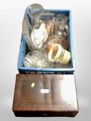 A Victorian rosewood box and a crate containing assorted 20th century glassware.