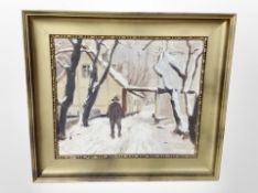Danish school (early 20th century) : A man walking by snow-covered buildings and trees,