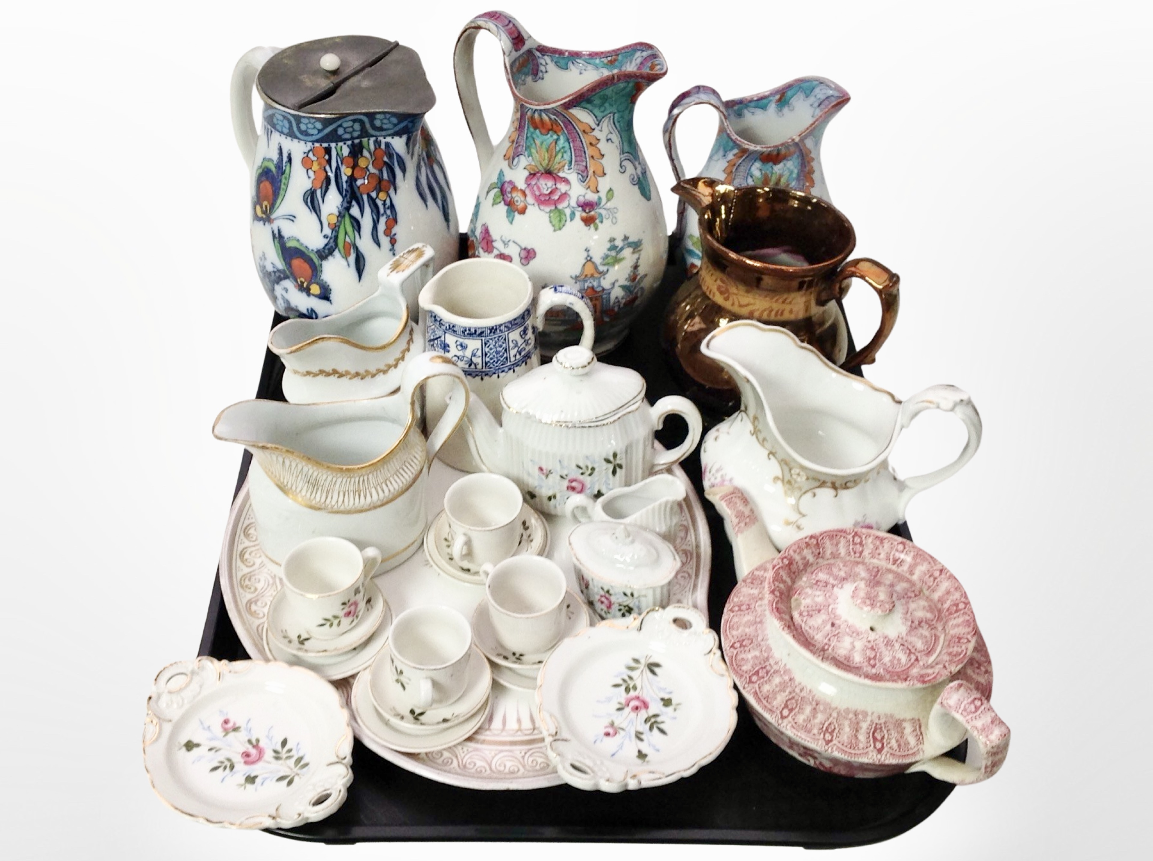 A group of antique ceramics, including Losol ware pewter-mounted jug, miniature porcelain tea set,