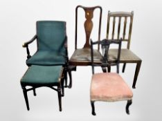 Four various antique chairs and a footstool