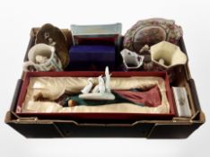A box of miscellaneous ceramics including Nao figure of geese, Mason's jug,