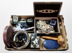 A box of collectables, including jewellery casket containing costume jewellery, wristwatches,