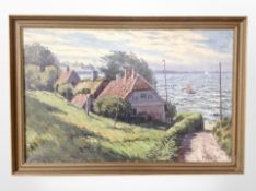 V Albertsen : Coastal cottages, oil on canvas, 66cm x 42cm.