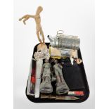 A group of miscellaneous collectables including hand fans, mannequin figure,