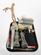 A group of miscellaneous collectables including hand fans, mannequin figure,