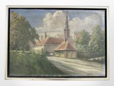 Danish school : A view towards a church spire, oil on canvas, 48cm x 34cm.