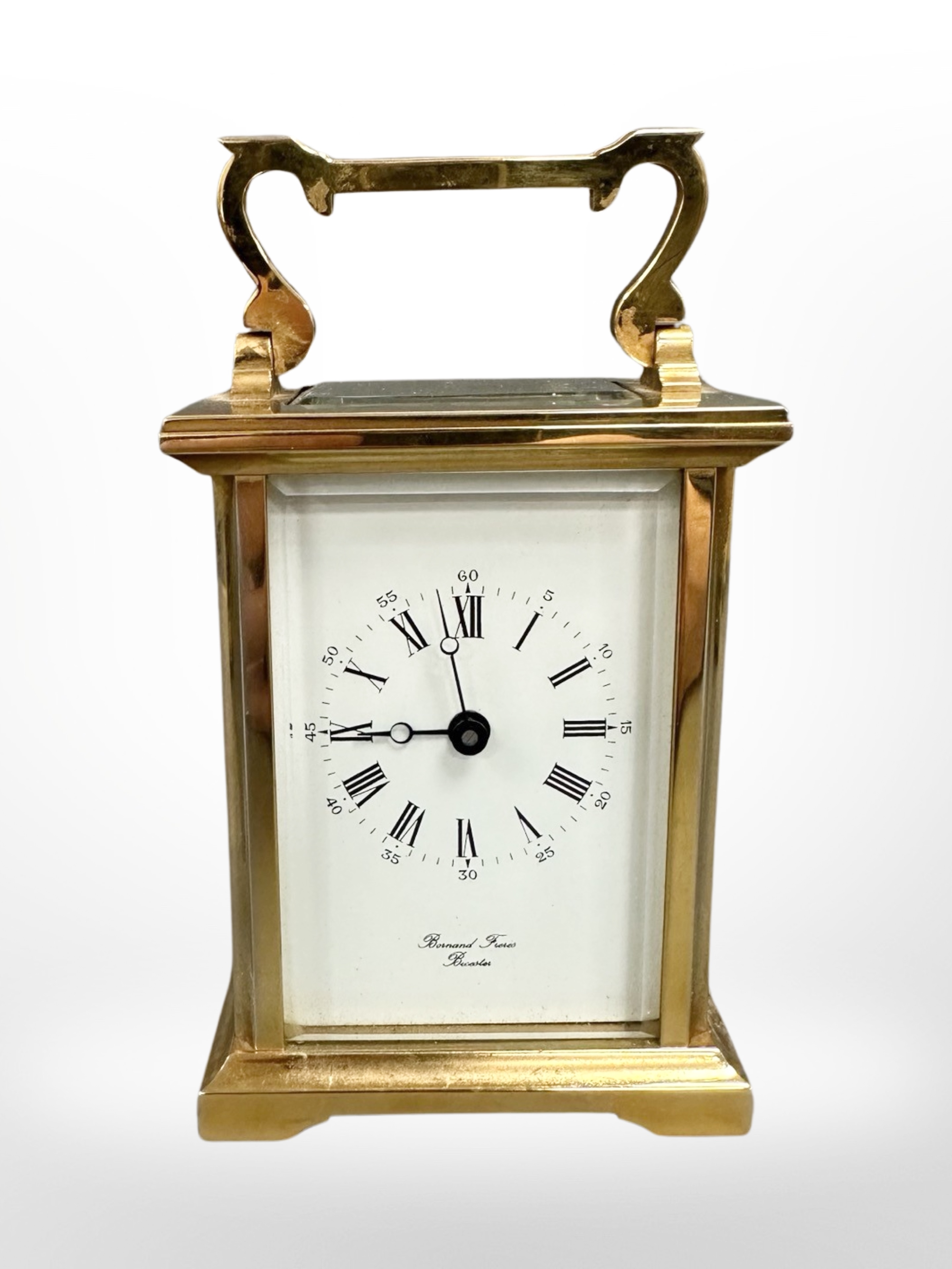 A brass-cased carriage timepiece signed Bernard Freres, Bicester,