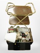 A folding brass trolley, together with a box containing household wares including Panasonic Hi-Fi,