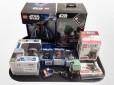 A group of Star Wars collectables including Brick Headz Boba Fett figure in box,