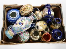 A box of oriental ceramics including early 20th century Japanese Satsuma vases,