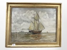 Villy Schophuus : Boats in calm water, oil on canvas, initialled VS,