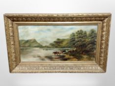 19th century British school : Cattle watering by a lake, oil on canvas, 60 cm x 29 cm,