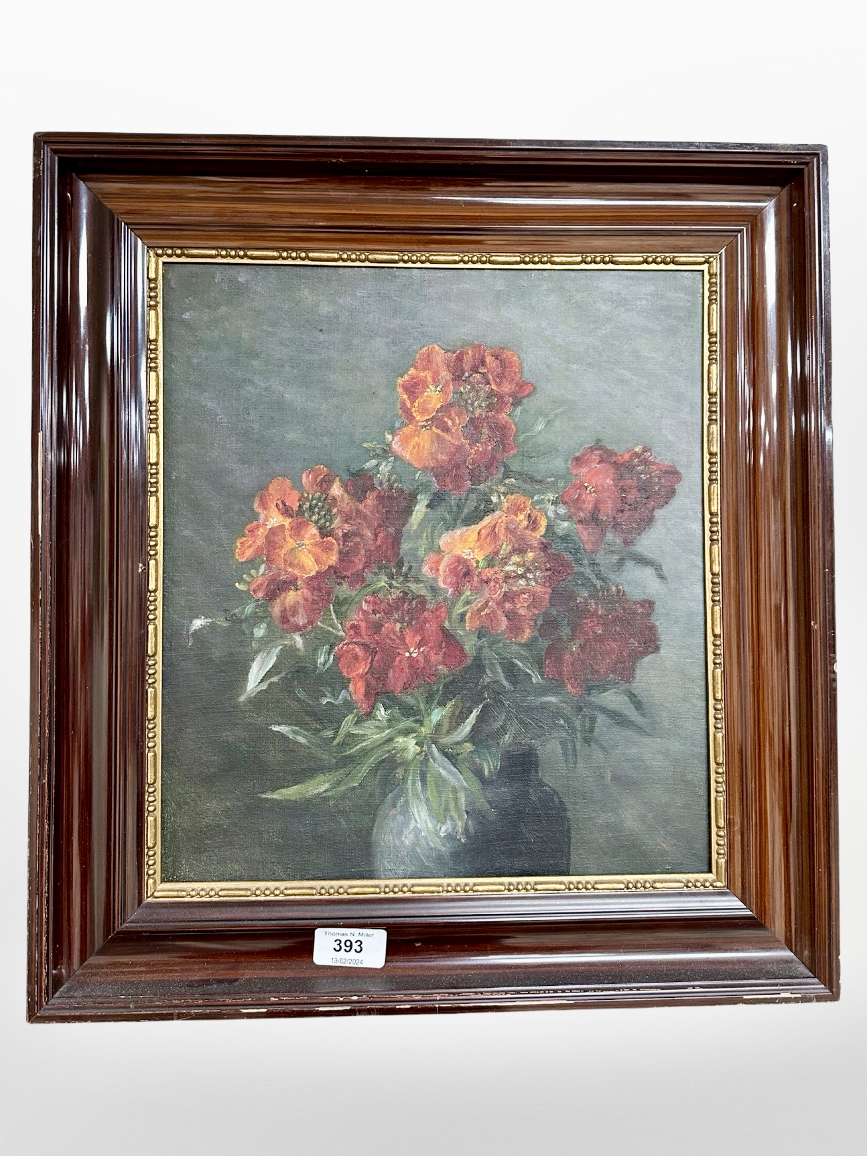 Danish school : Still life with flowers in a vase, oil on canvas, 30cm x 34cm.