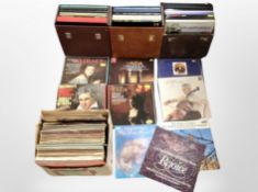 Three record cases and a further box containing assorted LP records.