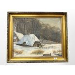 Continental School : A thatched barn in snow, oil on canvas,